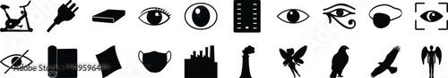 Silhouette Icons pack of Eyes, Objects, and Surveillance Black silhouette icons featuring eyes, surveillance themes, birds, industrial objects, and symbols for vision, privacy, and observation.

