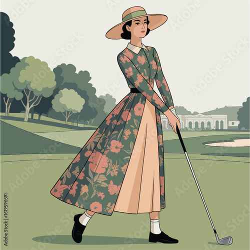 Vintage 1940s Woman Golfer on Scenic Golf Course