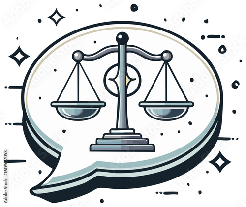 Justice concept illustration Balance scale in speech bubble with stars and sparkles
