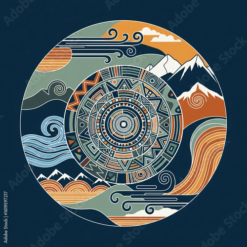 Ancient Aztec Calendar Inspired Mandala - Stylized Nature Elements and Spiritual Symbolism in Circular Art