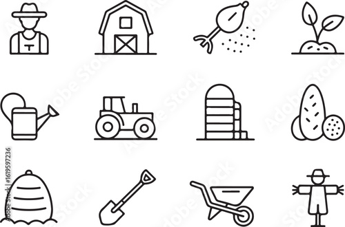 Farmer barn tractor watering can shovel scarecrow silo potatoes