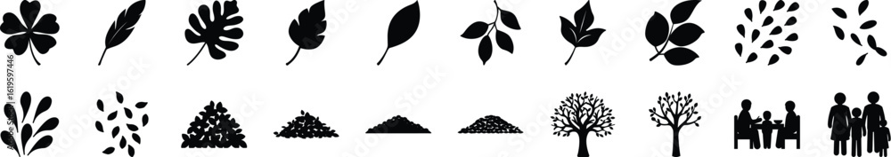 Obraz premium Nature and People Silhouette Icons pack Collection Set of black silhouette icons featuring various leaves, trees, mountains, and human figures for eco, outdoor, or lifestyle themes.