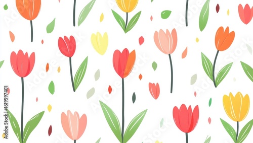 Whimsical tulip pattern on white background.  Simple, colorful tulips with leaves and small accents