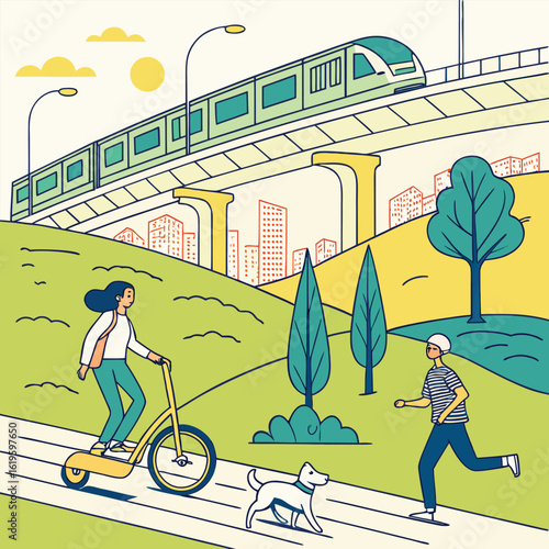 Vibrant flat illustration of people and dog in park with elevated train scooter