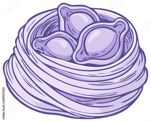 Hand Drawn Illustration of Pasta Nest with Filled Pasta Shapes Inside for an Italian Meal