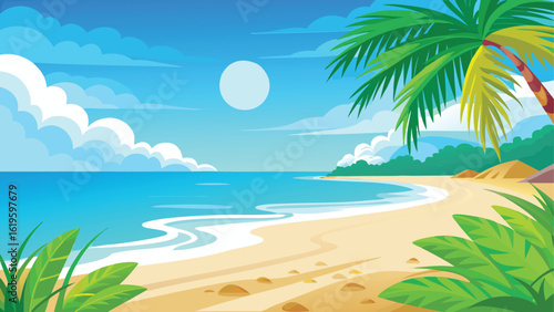 Vibrant tropical beach scene with palm trees and ocean waves