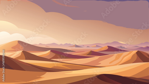 Stylized desert landscape with rolling sand dunes under a cloudy sky