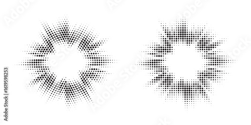 Halftone circle frame background set. Round border Icon using halftone random circle. Grunge circular stain. Vector illustration.