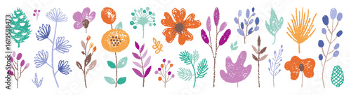 Nordic flower set. Autumn vector floral crayon background. Summer spring autumn abstract flower art. Scandinavian plant pattern. Nordic floral element illustration. Modern garden kid pastel graphic bg