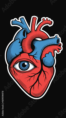 Surreal Anatomical Heart with Embedded Eye Illustration