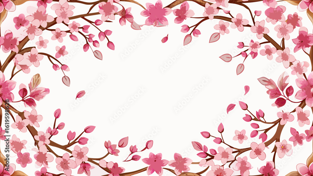 Fototapeta premium Vector illustration Cherry blossom frame on white background with space for your text applicable book covers, Digital interfaces, butterfly, crowd, graphic, greeting, patterned, romantic, wedding, 