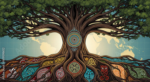 Interconnected World - Majestic Tree of Life with Intricate Cultural Roots and Subtle World Map Background