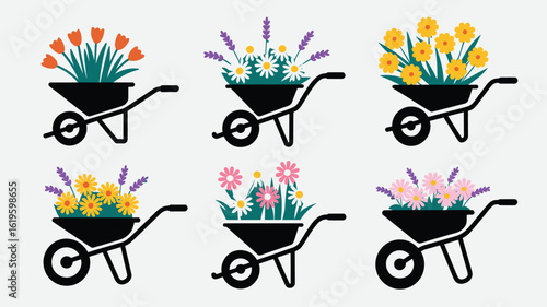Minimalist Wheelbarrow Illustrations with Colorful Flower Arrangements