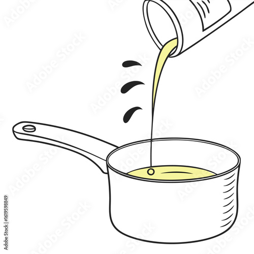 White saucepan with yellow liquid being poured illustration