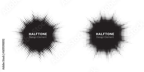Halftone circle frame background set. Round border Icon using halftone random circle. Grunge circular stain. Vector illustration.