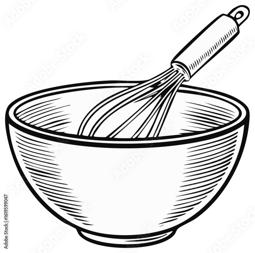 Whisk in a bowl, vintage line art illustration. Kitchenware for cooking and baking.