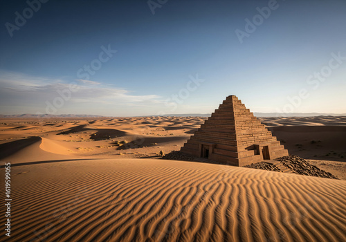 Majestic Meroë Pyramid - Ancient Stone Structure Amidst Sweeping Desert Dunes and Rippling Sands at Sunset