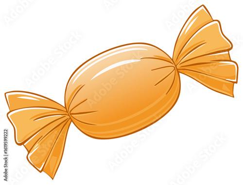 Shiny orange hard candy in a twisted wrapper. Cartoon vector illustration of a single sweet treat.