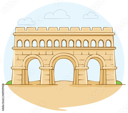 Cartoon illustration of a Roman amphitheater with arches and blue sky