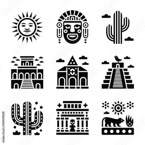 Minimalist Black and White Icons of Ancient Mexican Symbols