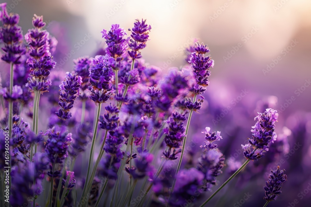 Obraz premium Purple Lavender Flowers in Field at Sunset, for Aromatherapy or Relaxation background