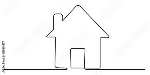 Continuous thin one line home illustration, minimalist house one line art icon.  Vector illustration