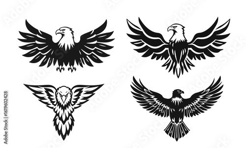 Collection of eagles in black and white vector style, flying bird silhouette, aggressive eagle emblem, tribal wings design, predator bird symbol