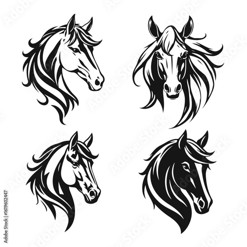 Elegant horse head set, flowing mane design, wild stallion profile, animal face icons, racing horse emblem	