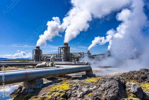 Steam rises from geothermal power plant among rocky landscape under a bright blue sky