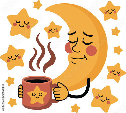 Cute cartoon moon drinking coffee with stars illustration for kids bedtime story concept art