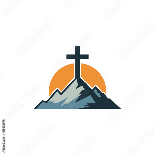 Minimalist Christian Cross on Mountain with Sunrise