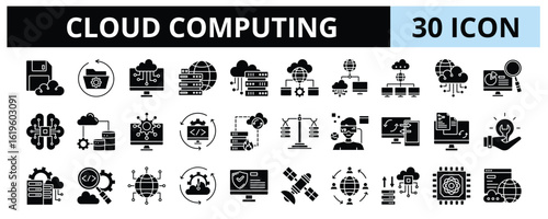 30 Cloud Computing Glyph Icons Vector - Backup, Server, Database, Machine Learning, Big Data, Network, Data Center