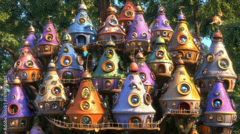 Fototapeta premium Colorful treetop village with whimsical homes.