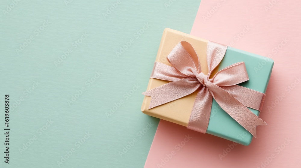 Gift box with pastel colors and pink ribbon on a split background creating a playful and cheerful presentation suitable for any occasion