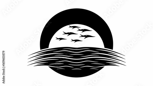 Black and white illustration of birds flying over water with a black circle in the background design art