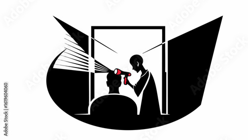 Stylized silhouette of a barber using a hair dryer on a client in a salon with abstract shapes