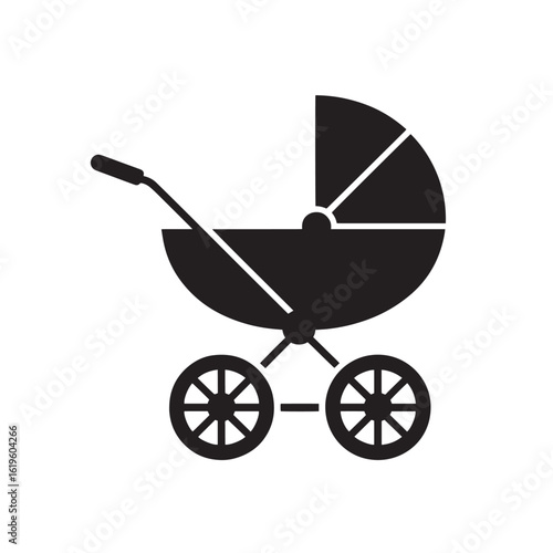 Black silhouette of a vintage baby stroller with wheels carriage pram
