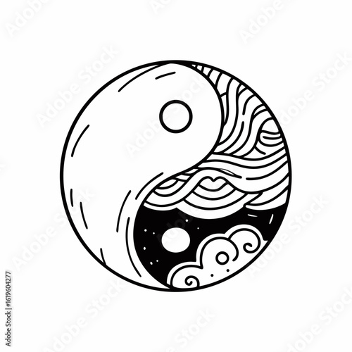 Yin yang symbol representing balance and harmony, a taoist concept, isolated on white background, with wave and cloud design elements