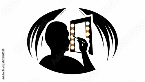Silhouette of person applying makeup in front of a lighted mirror with decorative accents around it