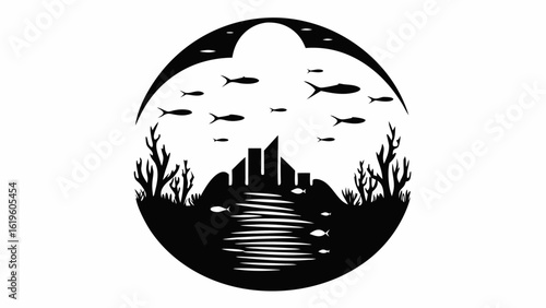 Black and white silhouette of city skyline with fish and coral reef in a circular underwater landscape