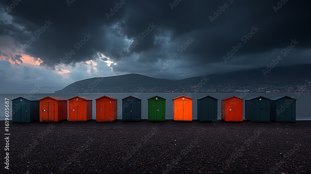 Fototapeta premium Colorful beach huts line the shore on a dramatic day.