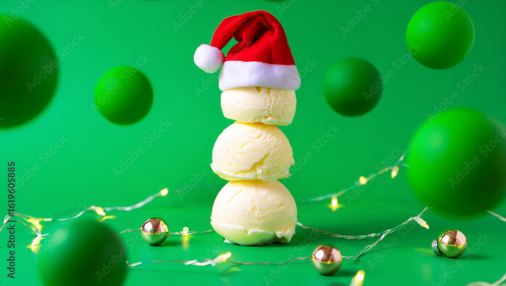 Fototapeta premium Vanilla ice cream scoops with santa hat and festive decorations christmas
