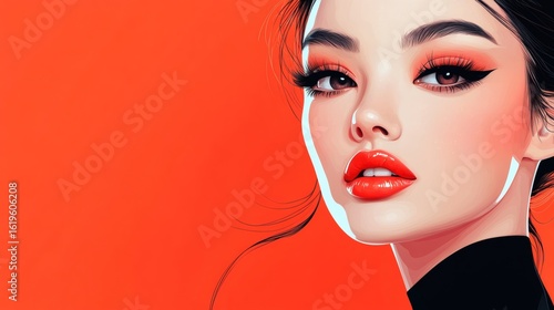 Close-up illustration of a woman's face with bold makeup against a vibrant orange background.