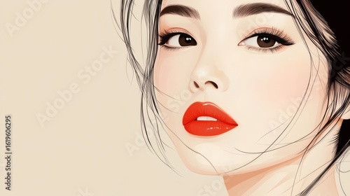 Close-up illustration of a woman's face, featuring her eyes, lips, and hair.