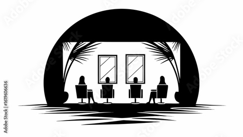 Stylized salon scene with clients mirrors and palm trees in a monochromatic black and white design