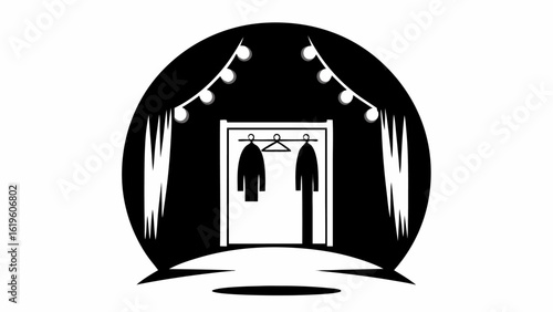 Illustration of a dressing room with clothes hanging and decorative lights around the top edge