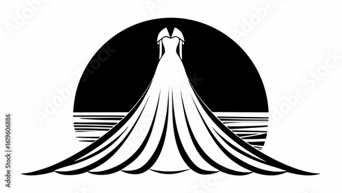 Elegant wedding dress with a long train set against a dark moon and horizon line backdrop design