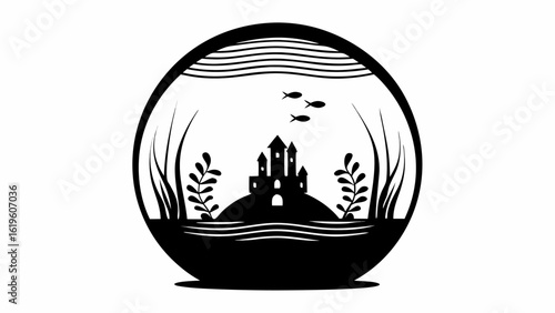 Silhouette of a castle in a fishbowl with plants and fish swimming in the water in black and white