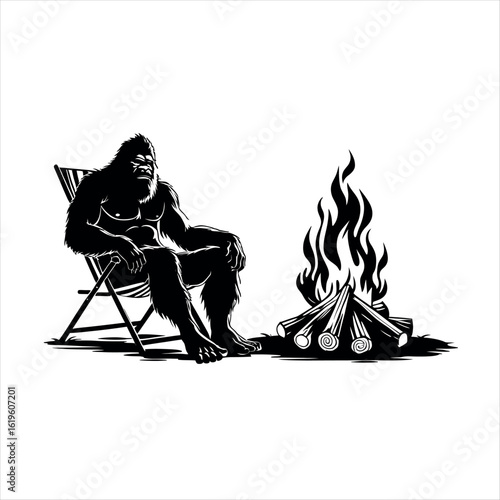 A black and white drawing of a yeti sitting in a chair next to a campfire