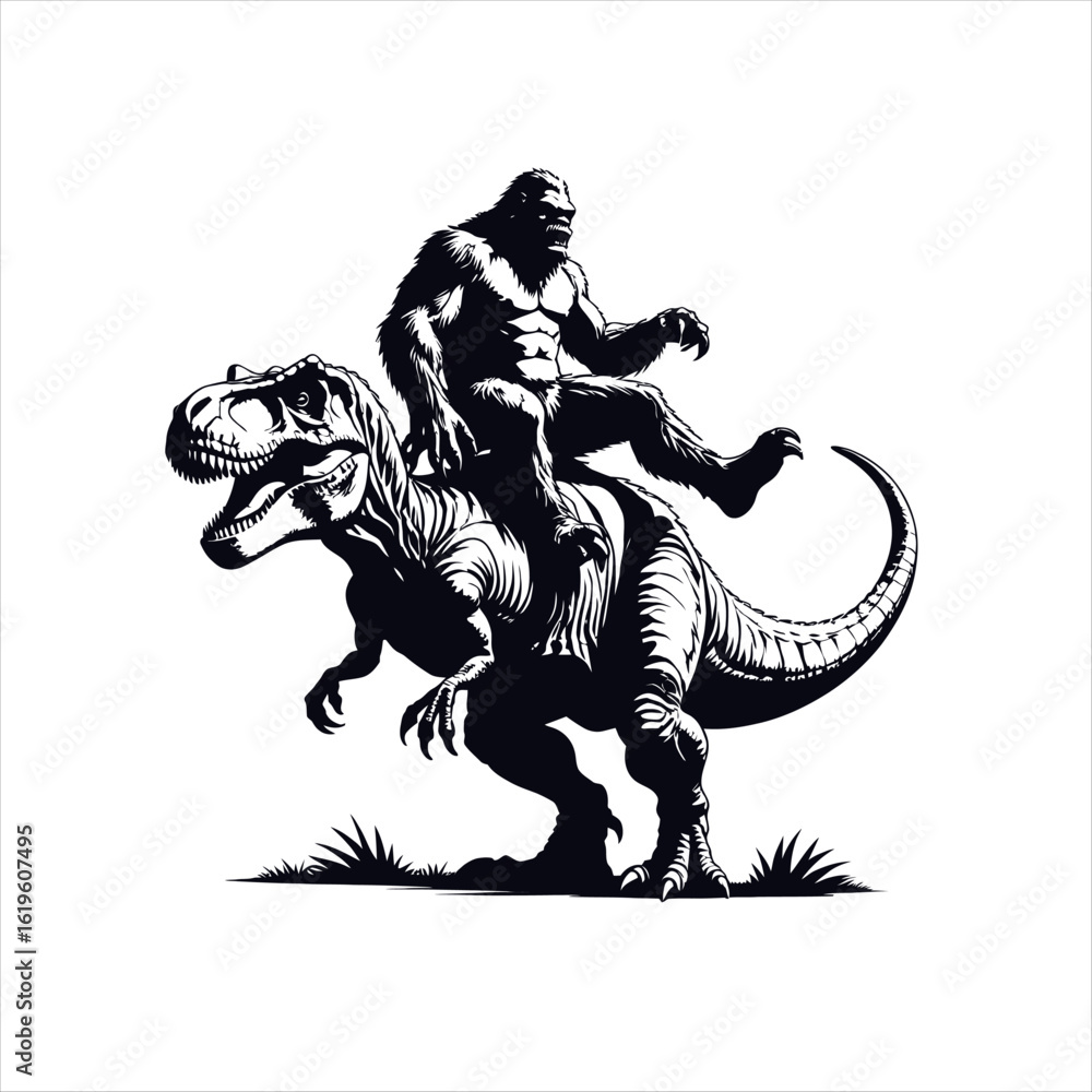 Fototapeta premium Bigfoot riding on a Dinosaur silhouette vector illustration